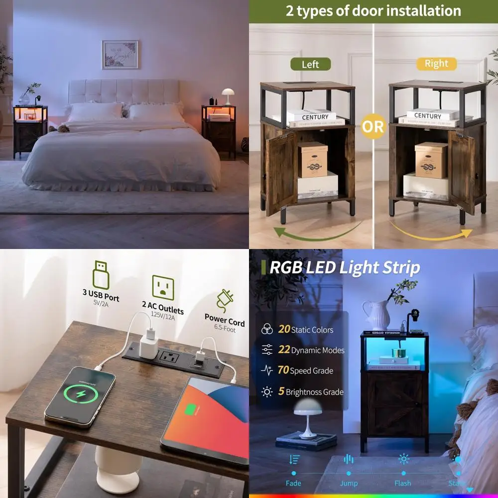 

Коричневая деревянная тумбочка в деревенском стиле с USB-зарядкой и светодиодным шкафом для хранения вещей для спальни и гостиной
