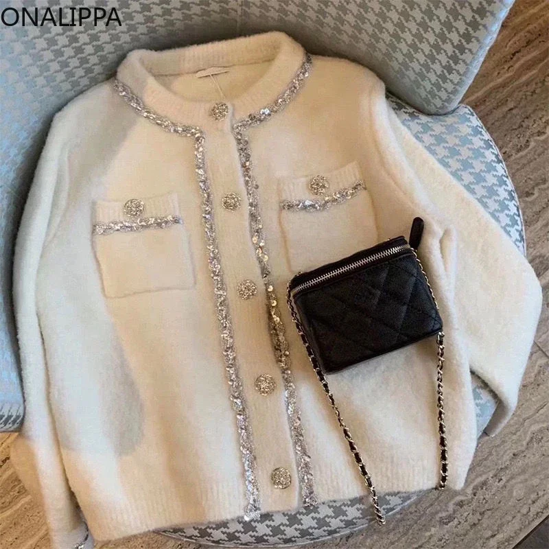 Onalippa Sequined Beaded White Cardigan Chic Design Small Fragrance Solid Knitted Cardigans Korean Fashion Sweet Sweaters