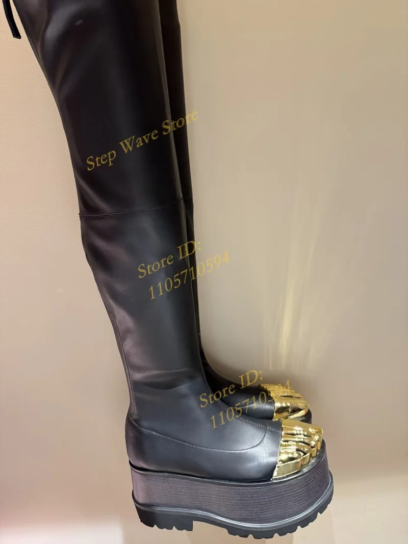 Elastic Metal-Toe Women's Boots Over The Knee Black Matte Leather Thick Sole Real Picture Handmade New Arrivals Winter Long Boot