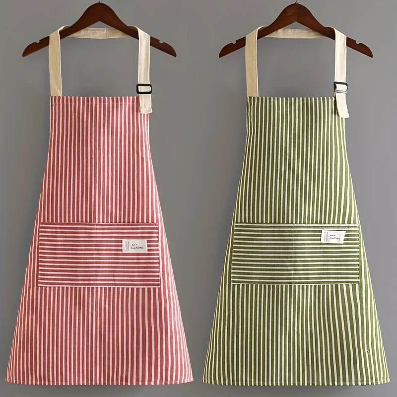 Linen Waterproof Apron Red Green Striped  Kitchen Household Adult Apron, Breathable Fashion  Kitchen Supplies