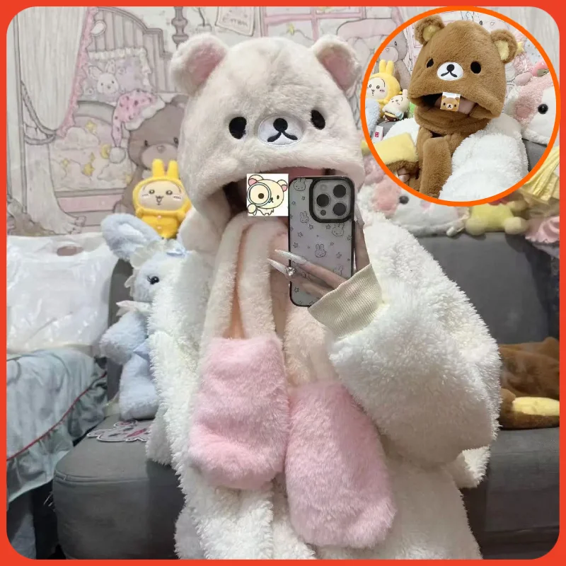 

New Rilakkuma Winter Three-Piece Set Hat Scarf Gloves Integrated Hooded Warmth Cold Resistance Cycling Bear Sister Hat Toy