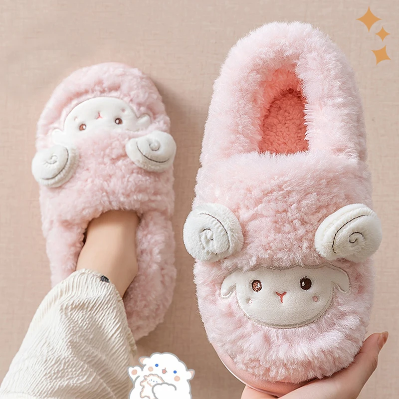 Cute Cartoon Lamb Cotton Slippers Women Indoor Warm Thicken Plush Home Slippers Woman Comfortable Non Slip Fluffy Slides Female