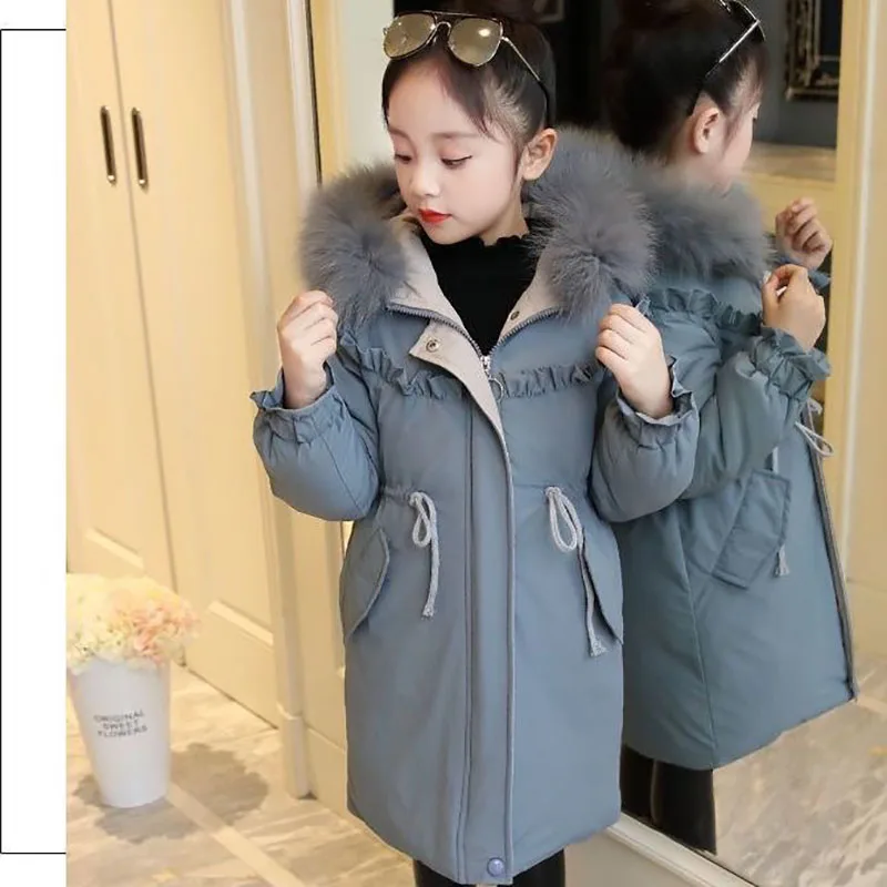 Winter Warm Jackets for Girls Two Colors Faux Fur Hooded Coat Kids White Duck Down Parkas Children Cotton Long Outwear