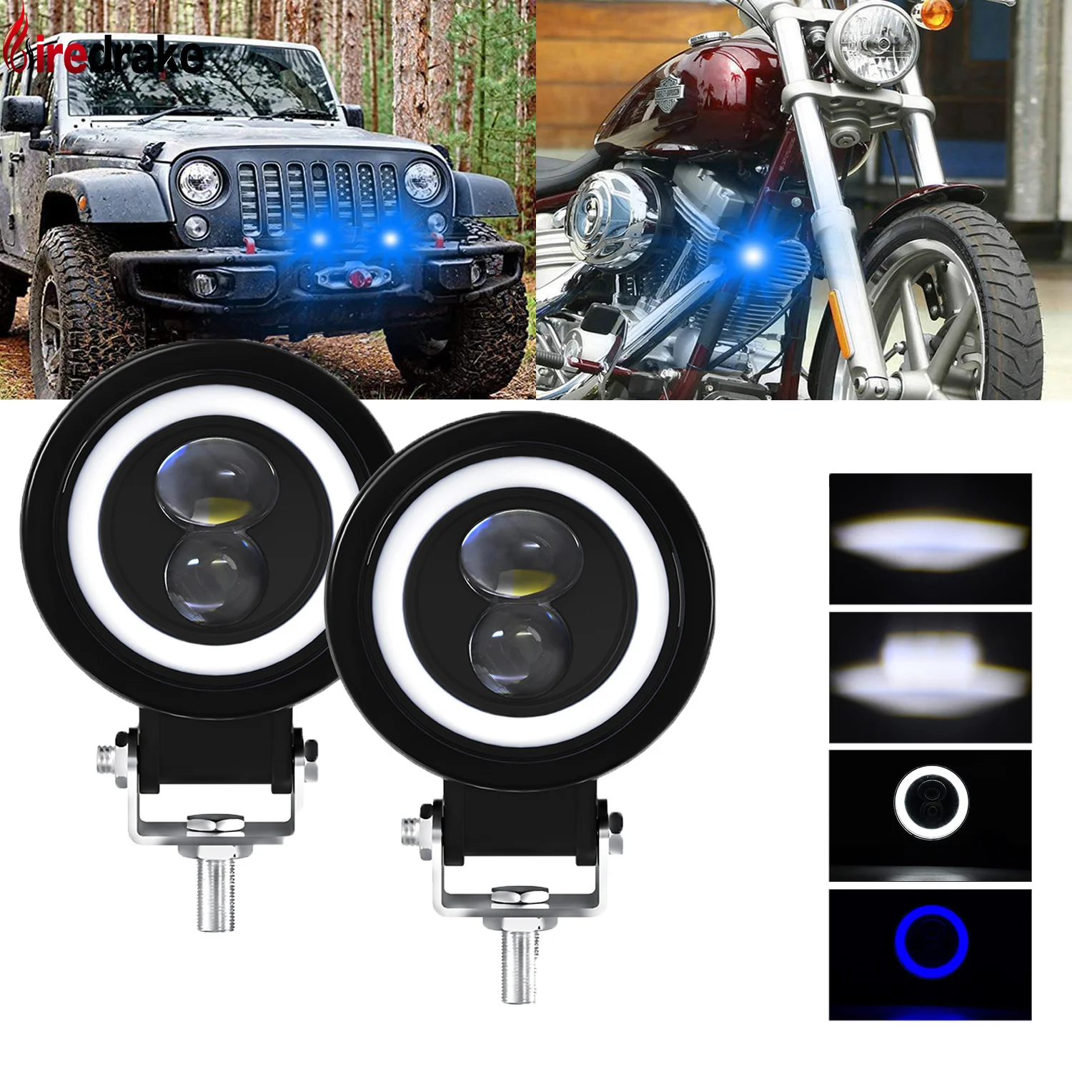 Led Motorcycle Spotlights 10000LM 60W Motorcycle Headlights White Blue Ring 6000K Auto Front Headlamp Fog Light Auxiliary Light