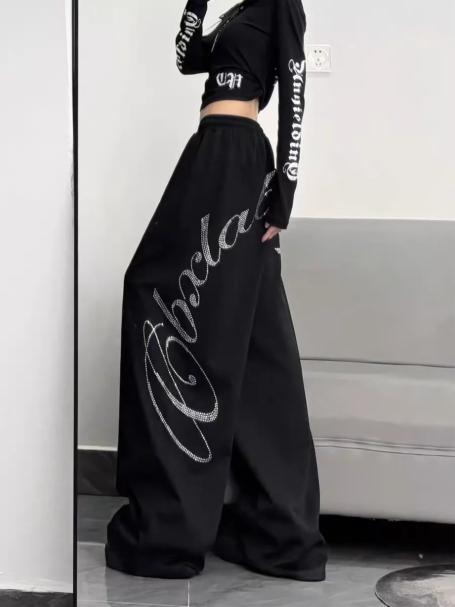 American High Street Heavyweight Letter Rhinestone Casual Sweatpants Men's Jazz Dance Wide Leg Sport Pants Loose Fit