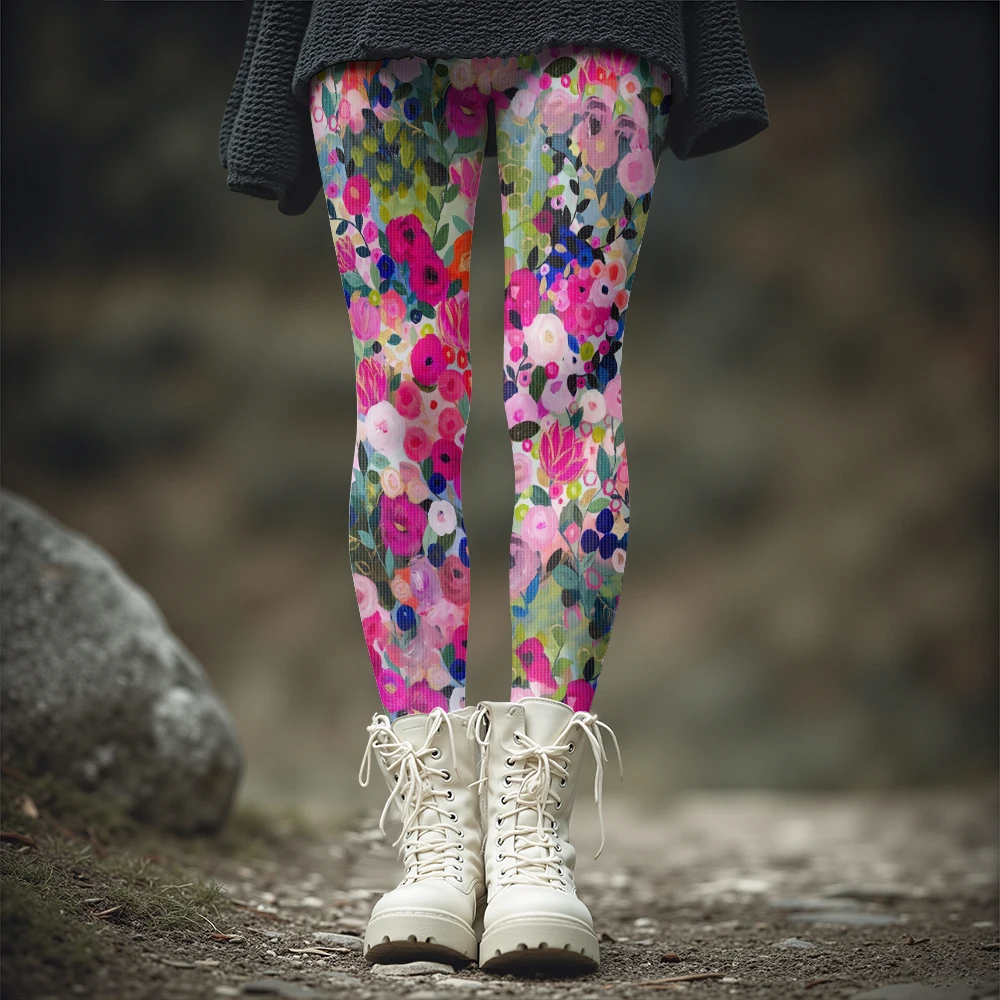 الملونة تتفتح الزهور نمط المرأة طماق الخريف الشتاء الدافئة الأزياء الجوارب أنيق في الهواء الطلق نظرة أزياء الشارع الشهير #1