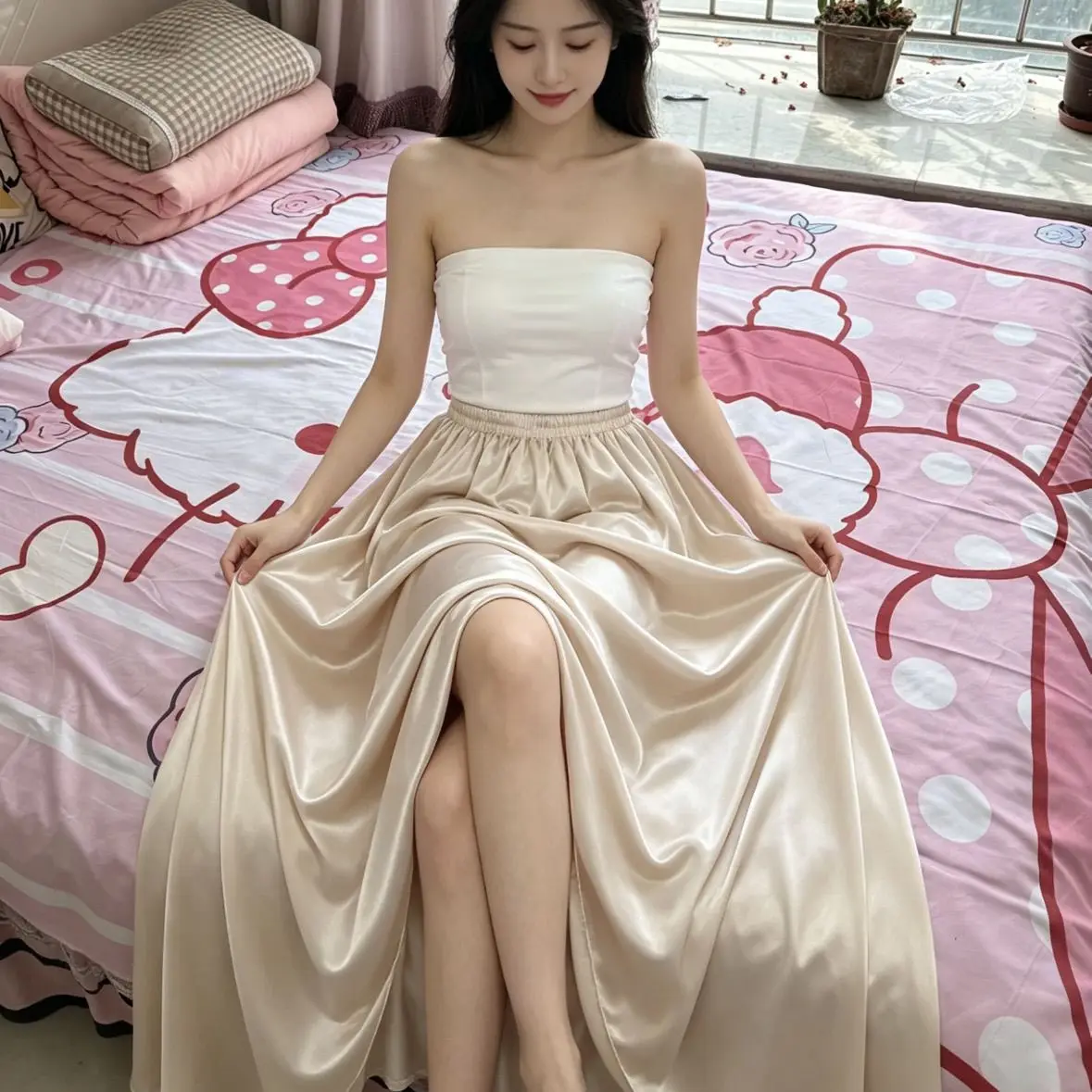 Lengh 95cm Glossy Skin Satin Silk Elegant Women High Waist Skirt Loose Sleeping Long Bottoms