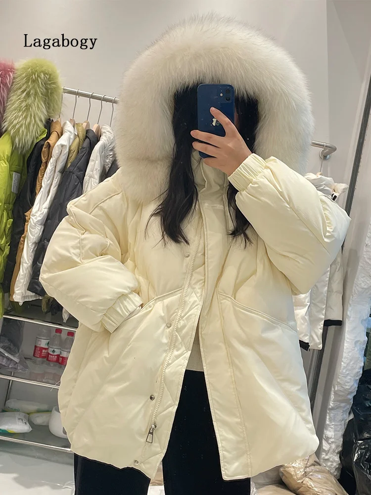 

Winter Women Real Natural Fur 90% 2023 White Duck Down Jackets Hooded Zipper Puffer Coat Female Thick Snow Short Parka