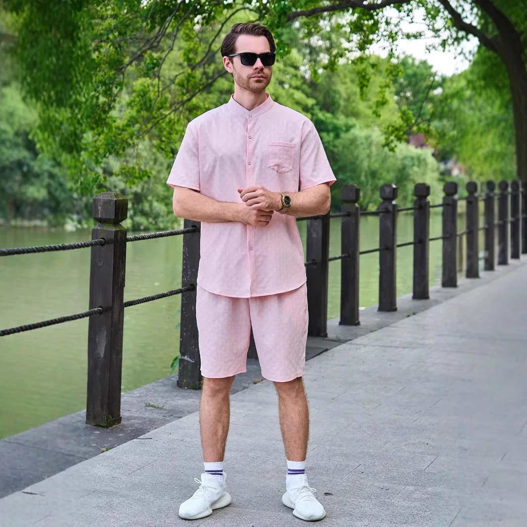 New summer men's jacquard shirt, casual stand-up collar, pocket cardigan, short sleeve and shorts set, solid-color top for 2025
