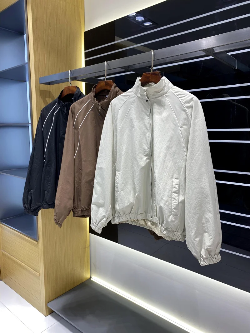 야외용 기능성 레트로 텍스처 스탠드 칼라 재킷 청소년 패션 스탠드 핏 롱 슬리브 방풍 폴리에스터 섬유