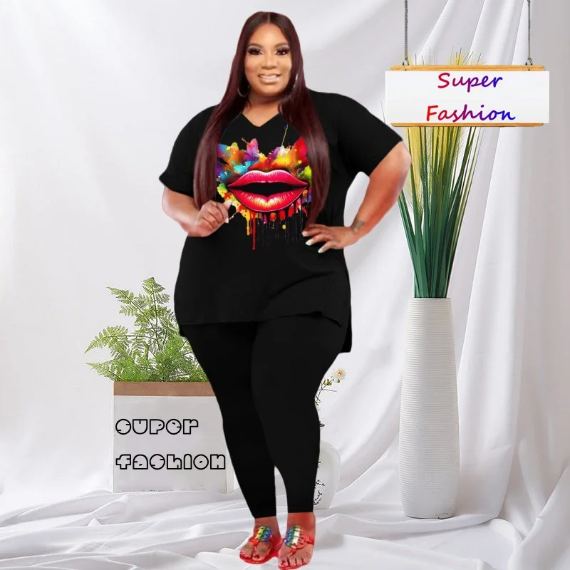 

WSFEC L-4XL Plus Size Matching Sets 2023 Summer New Fashion Women Clothing Two Piece Sets Short Sleeve Loose Casual Pant Suits