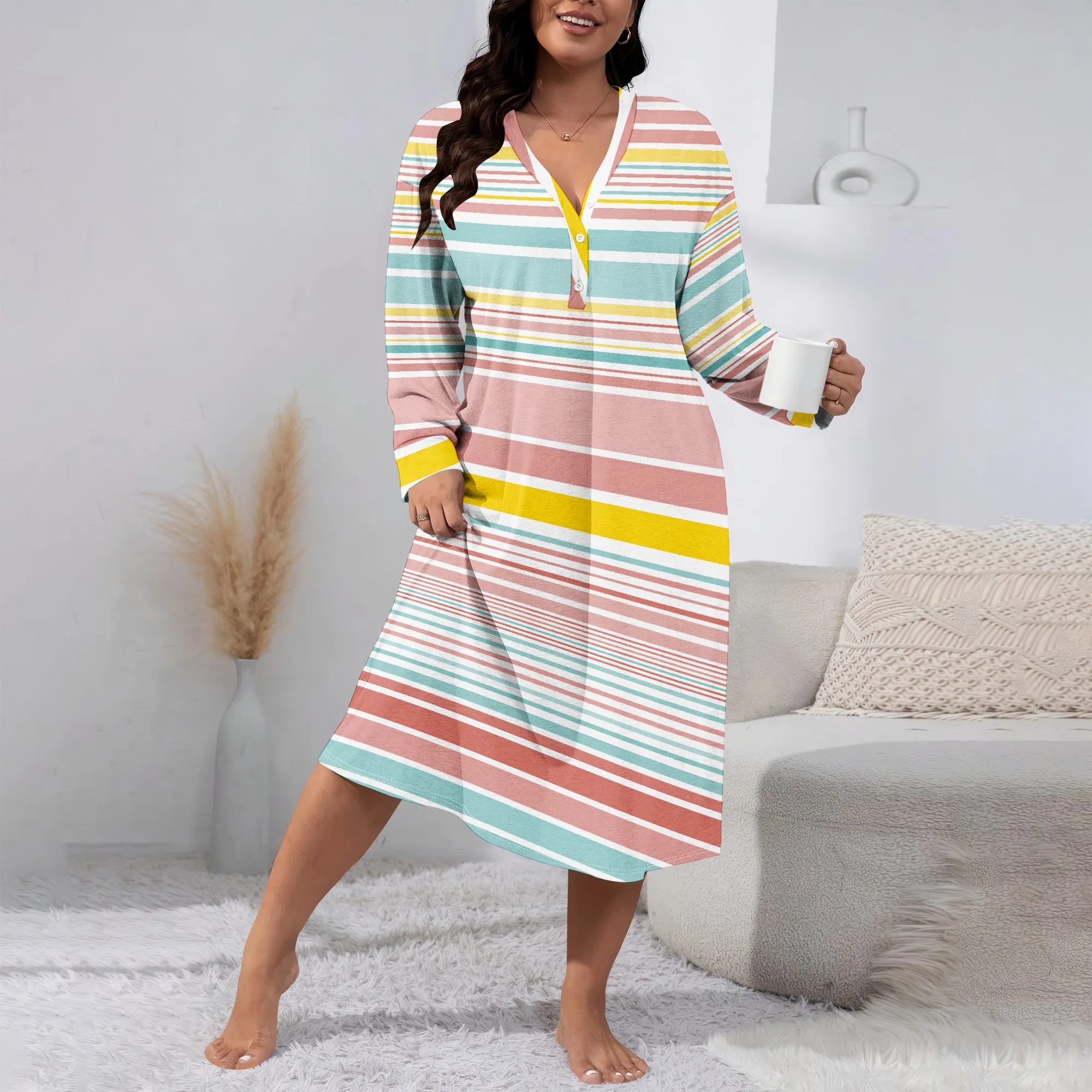 

Women's Autumn 3D Fashion Printed Striped Checkered V-neck Casual Long Sleeved Dress