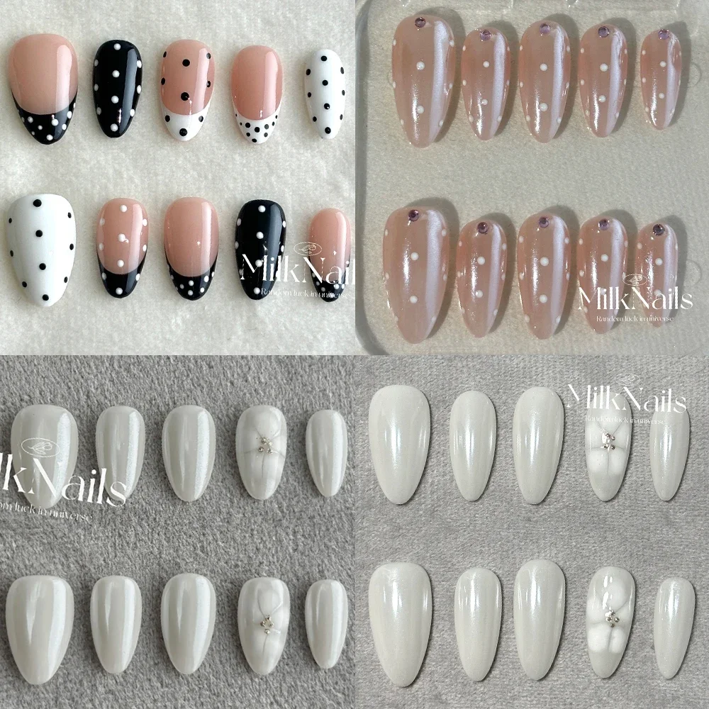 

High Quality Lovely Handmande Almond French Reusable Nail Party Sticker Flower Cherry Heart Polka Point Diamond Press On Nails