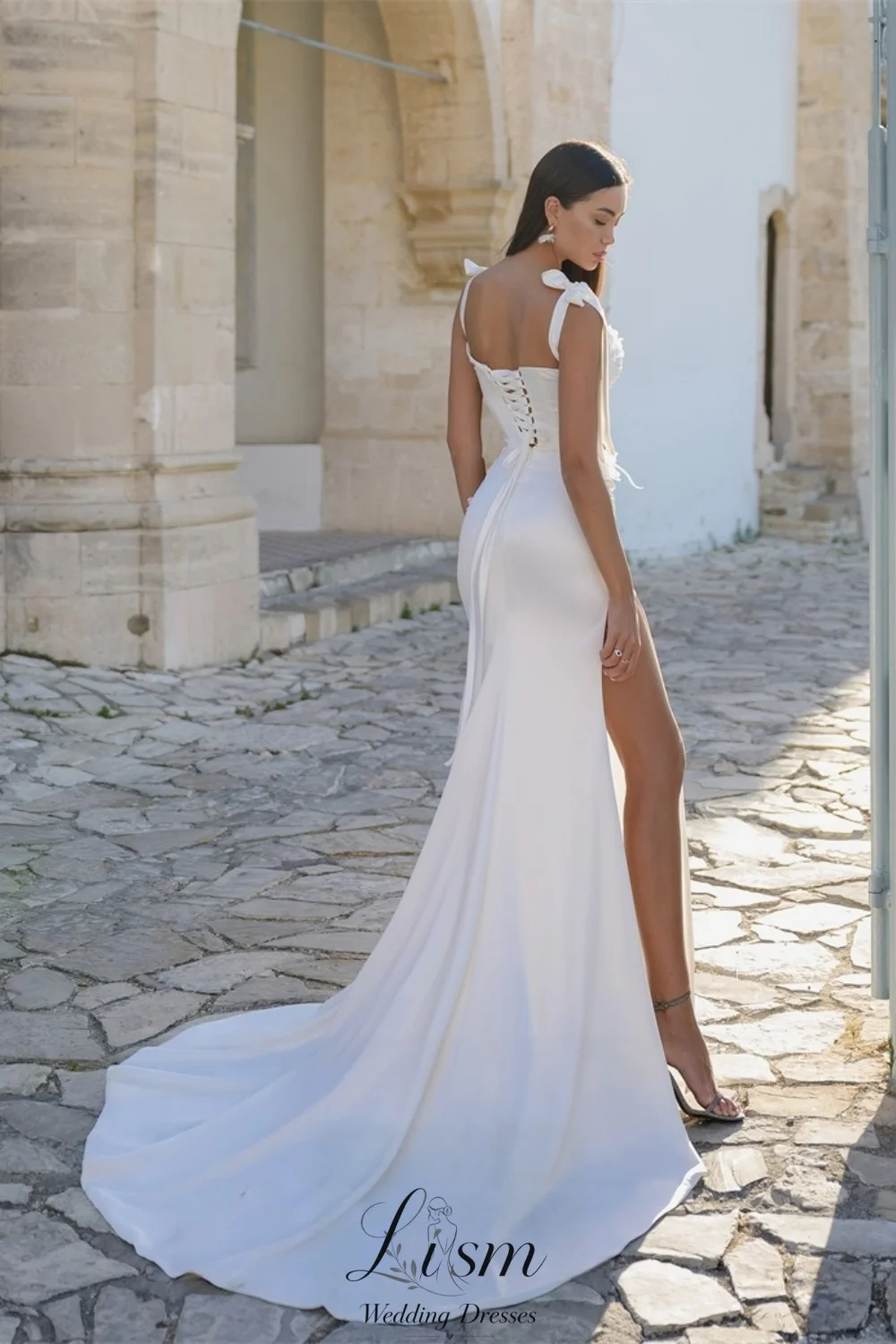 Lism Elegant Ivory Elopement Bridal Dress Satin Tie Bow Spaghetti Strap Feather Trim Ruched Bodycon High Side Slit 2027 Customiz