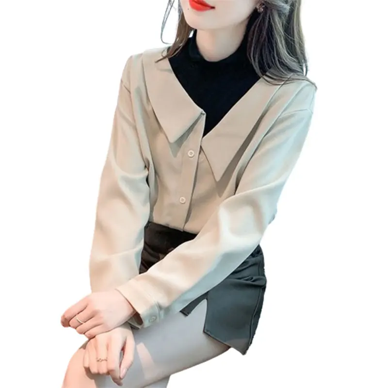 Elegant Fashion Harajuku Slim Fit Fake Two Pieces Blusa Button Stand Collar Long Sleeve Tops Women All Match Women's Clothing