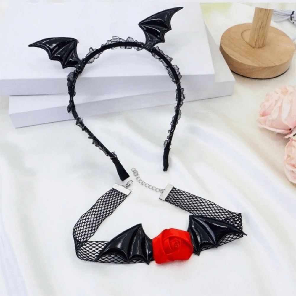 Set Kalung Ikat Rambut Sayap Kelelawar Bunga Punk Ikat Rambut Renda Jaring Set Kalung Ikat Rambut Kulit PU Gotik Halloween untuk Dewasa