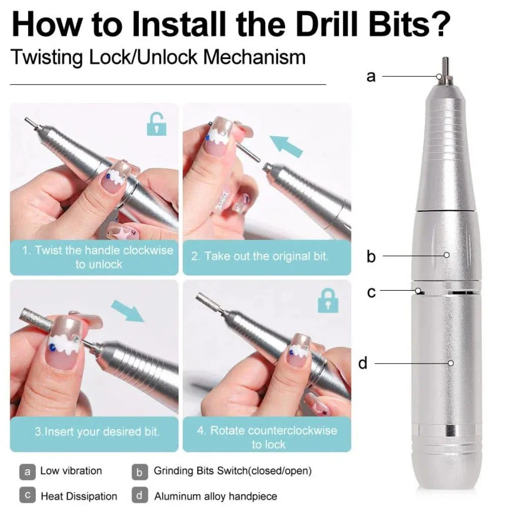 45000 دورة في الدقيقة قابلة للشحن آلة حفر الأظافر منخفضة الضوضاء المهنية الكهربائية ساندر ملف هلام طلاء الأظافر الأظافر مانيكير صالون أداة