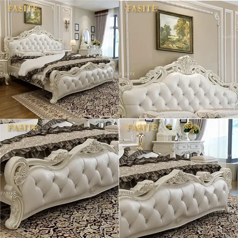For French Royal Queen King Size Bedroom Bed Furniture Luxury Carved ABS Frame Genuine Leather Bedroom Set Wedding Bed