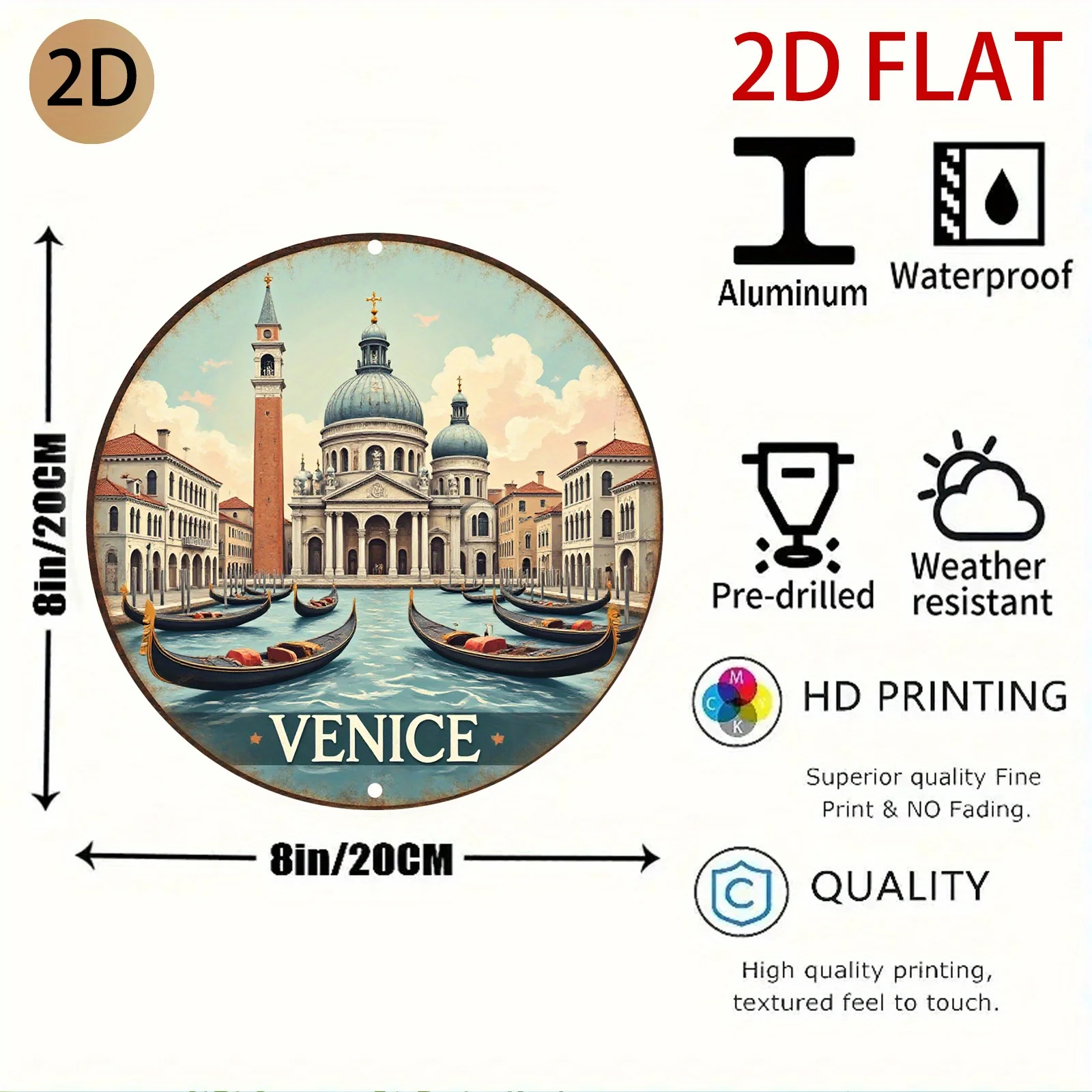 Venice Italy Metal Wall Art - Vintage Venetian Canals & Italian Landscape Round Tin Sign, /Outdoor Durable Decoration for home,