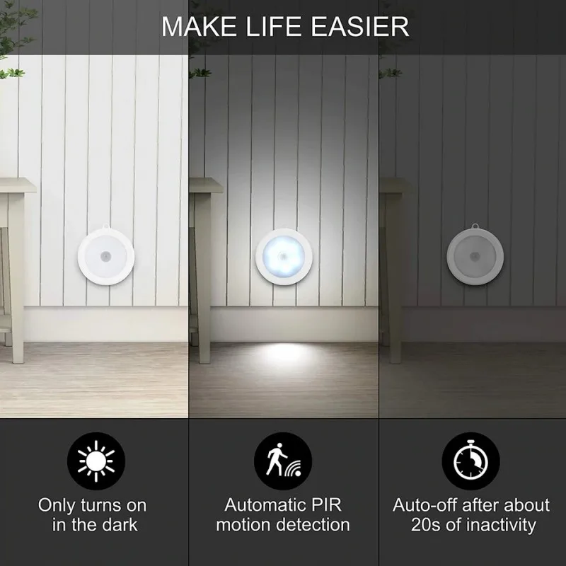 PIR Motion Sensor Night Light, indução do corpo humano, detector sem fio, luz automática ligada e desligada, iluminação de cabeceira, 6LED