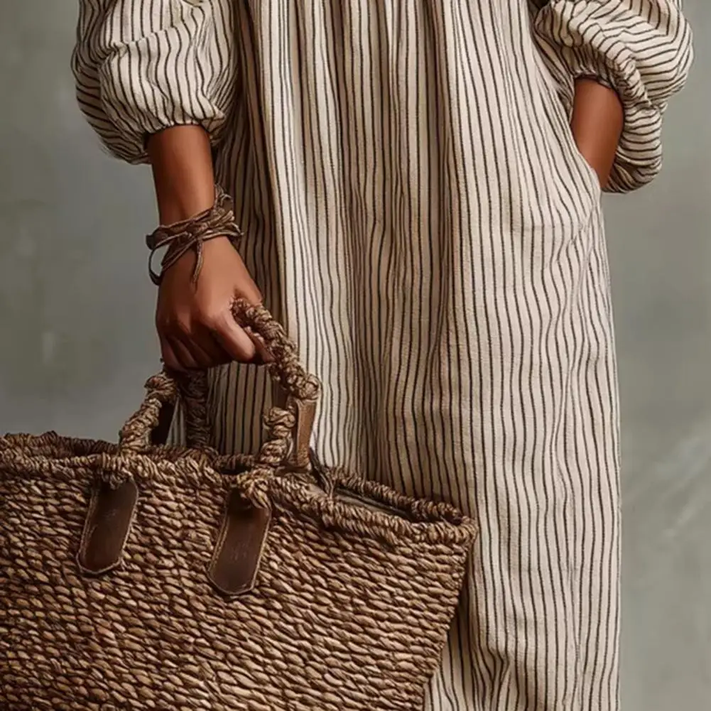 

Summer Casual Dress Off Shoulder Maxi Dress Striped Puff Sleeve Summer Lightweight Beach Vacation Sundress with Pockets