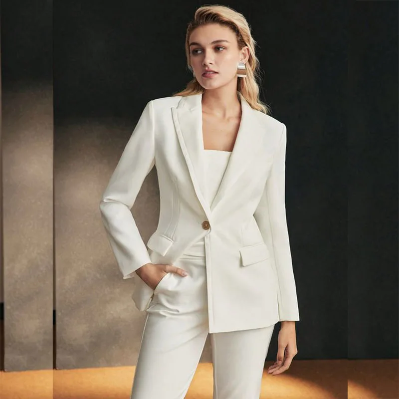 Formal One Button Peak Lapel Slim Fit Women's Blazer Fashion White Skinny Office Work Female Jacket Pants Sets 2 Piece Outfits