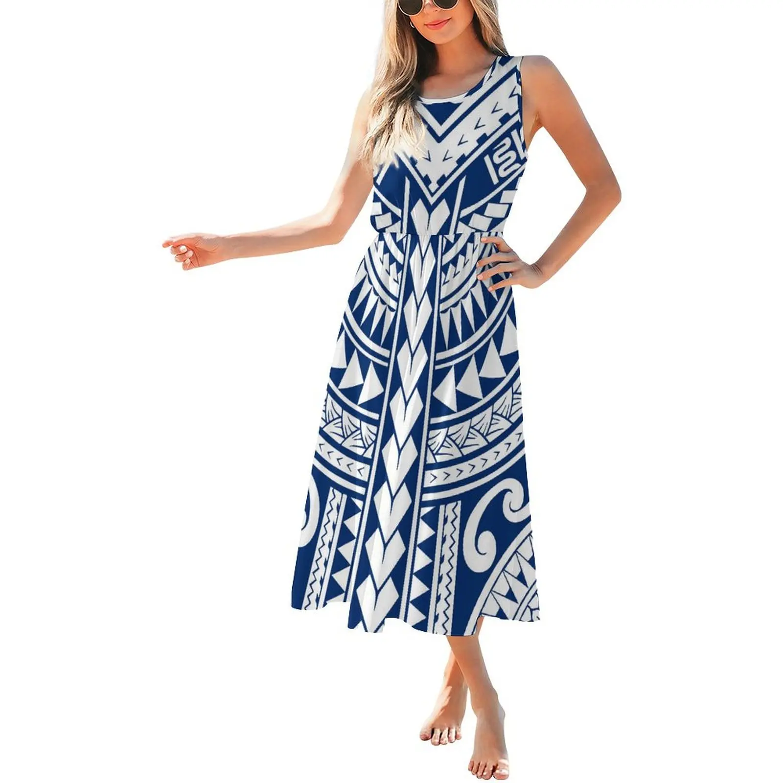 سعر المصنع فستان مخصص للسيدات Pacific Isalnd Art Design أزياء جولة الرقبة بلا أكمام فستان تصميم جزيرة عيد الفصح #5