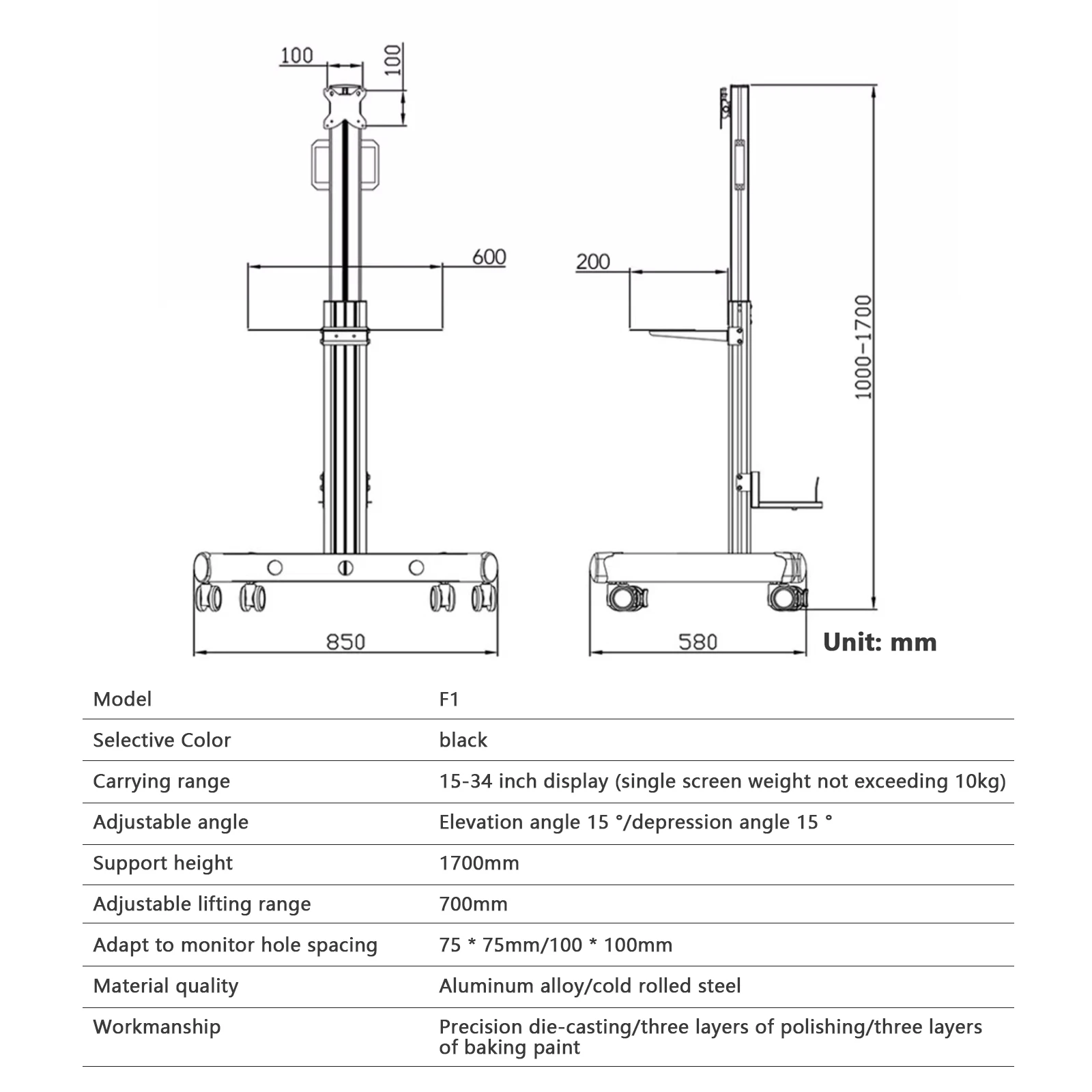 Monitor mobile bracket computer floor mounted trolley multiple screens with keyboard support, standing office lifting main frame