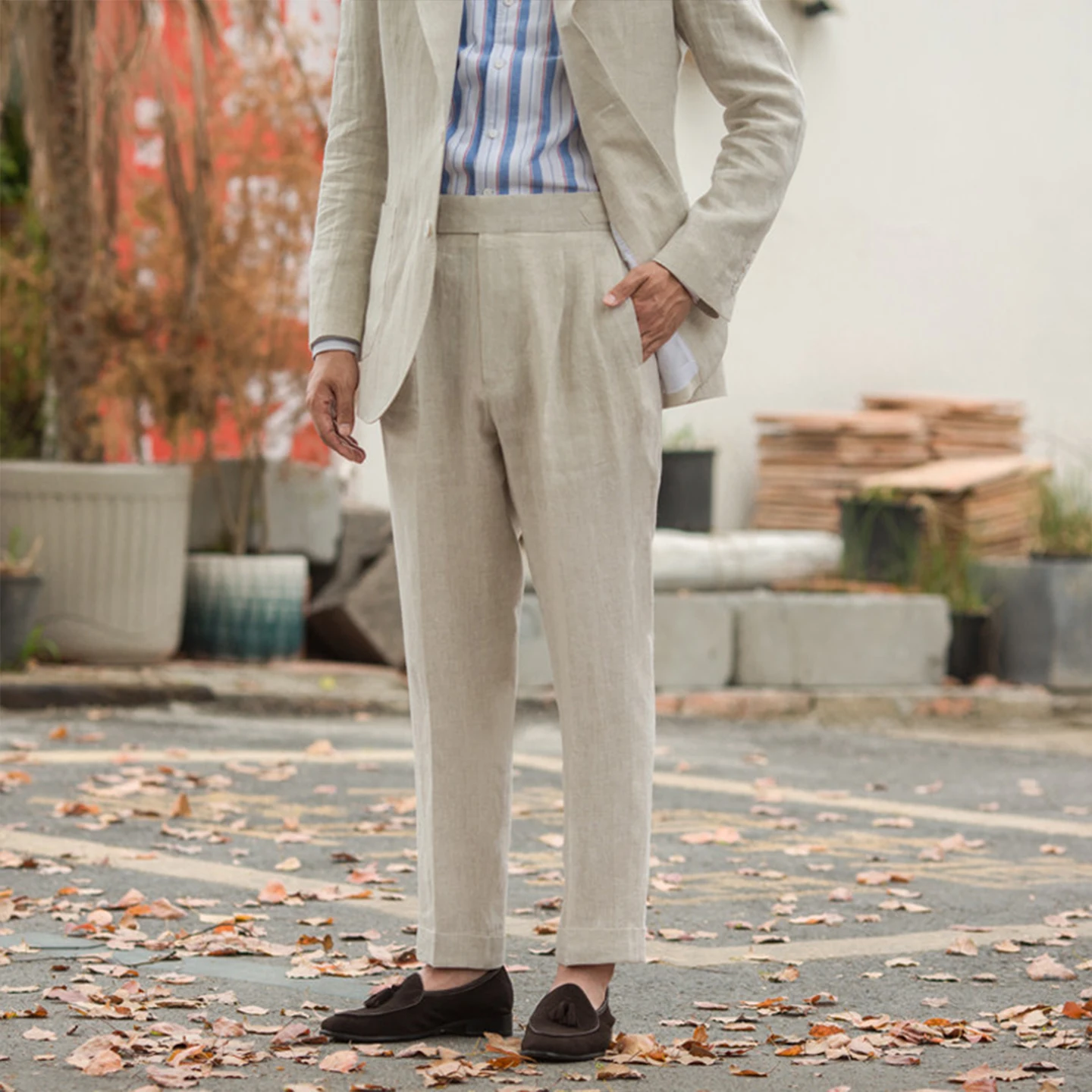 

Men's Spring and Summer Linen Naples Double-Pleated Trousers, High-Waisted Casual Trousers, Comfortable and Breathable