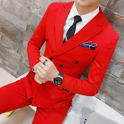 ( Jackets + Pants ) Solid Color Double Breasted Mens Suit Groom Wedding Dress Dinner Party Prom Suits Formal Business Tuxedo