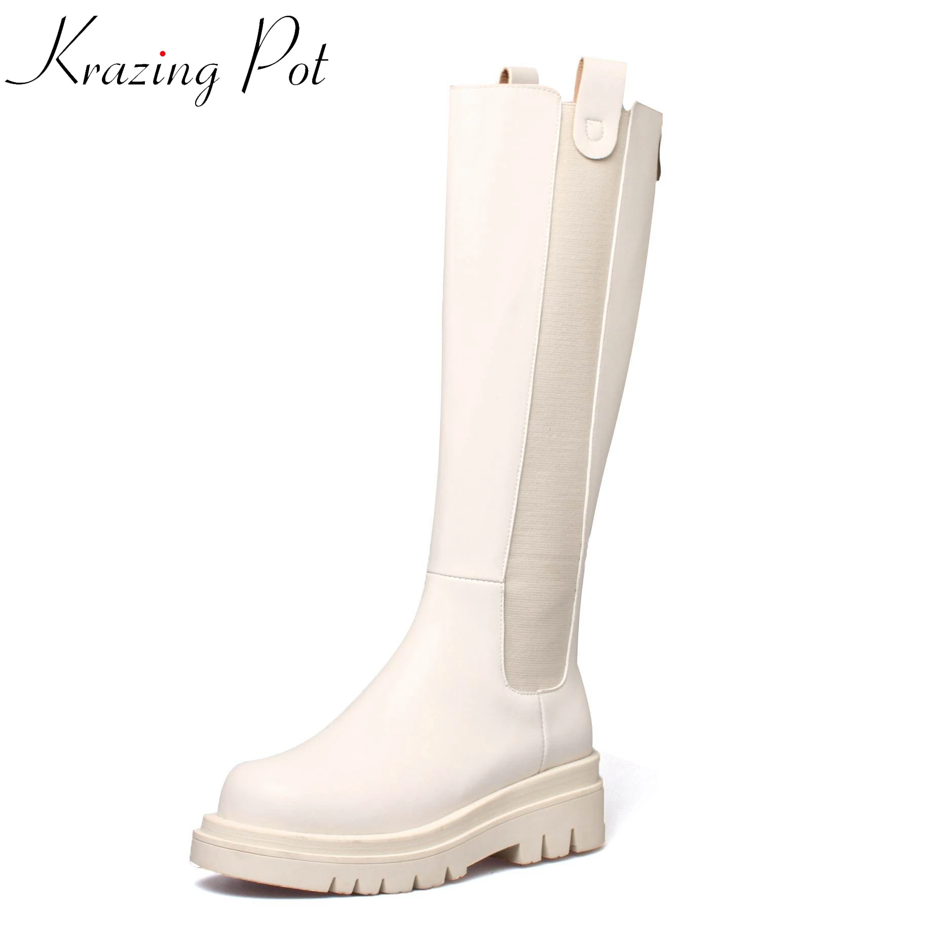 

Krazing Pot Equestrian Boots Fashion Genuine Leather Patchwork Thick Med Heels Round Toe Slip on Big Size Lady Knee High Boots