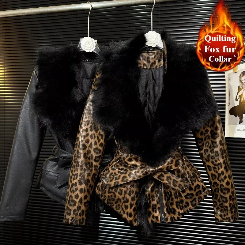 

Big Fox Fur Collar Coat Winter High Quality Leopard Print Stitching Quilted Thickened Lace-Up Belt Slim PU Leather Jacket Women