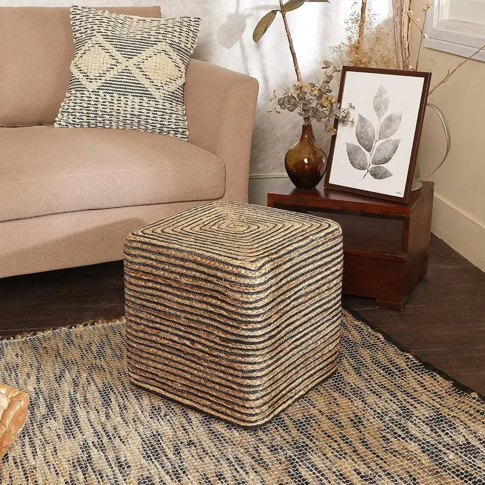 Foot Stool Ottoman - Jute Braided Pouffe Poof Accent Sitting Footrest for The Living Room, Bedroom, Nursery, Lounge