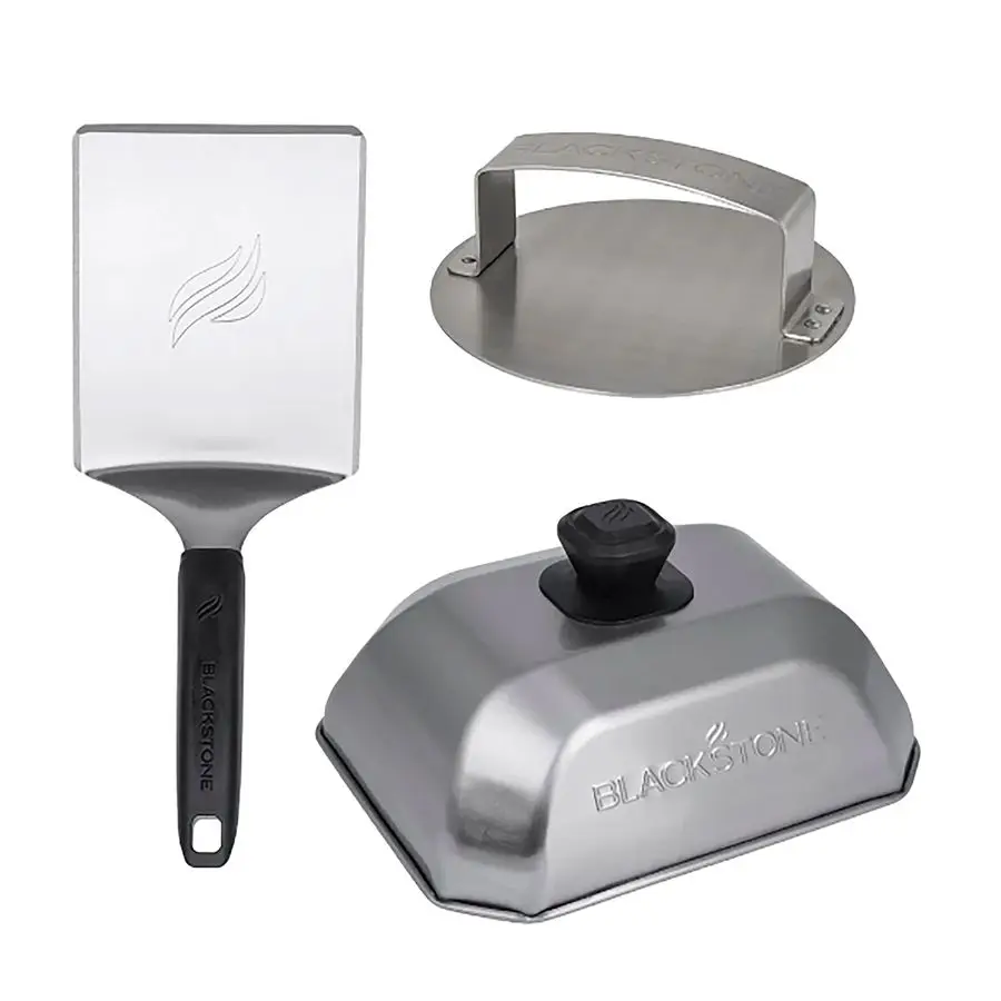 

5462 Hamburger Kit 3 Piece Metal Flipper Spatula Turner, Basting Cover amp Hamburger Press Patty Stainless Steel Burger Maker Se