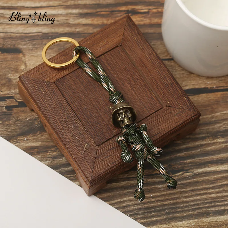 Retro Skull Head Keychain Car Biker Helmet Pendant Car Keychain Braided Rope Paracord Buddy Bag Hanging Backpack Doll Toy