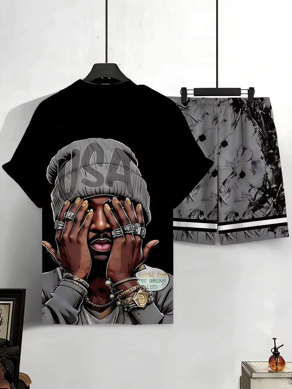 Men's Summer New USA Letter Pattern 3d Printed Comfortable Breathable Round Neck T-shirt Shorts Set Outdoor Street Wear Tops view 6
