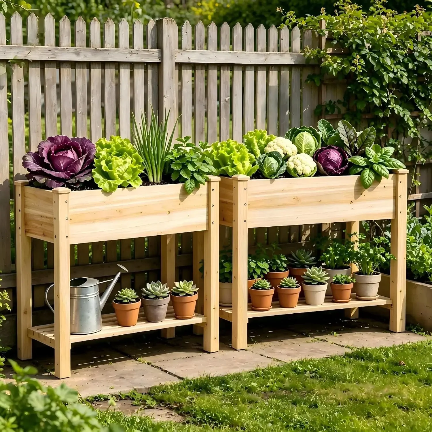 48x24x30.7in Wood Raised Garden Bed with Legs Wooden Planter Box with Storage Shelf Elevated Wood Planter Box for Vegetables Flo