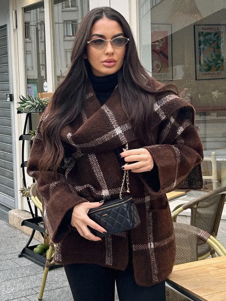 HH automne femmes décontracté ample court Cardigan femme élégant Plaid écharpe col poche décoration à manches longues tricoté manteau de rue