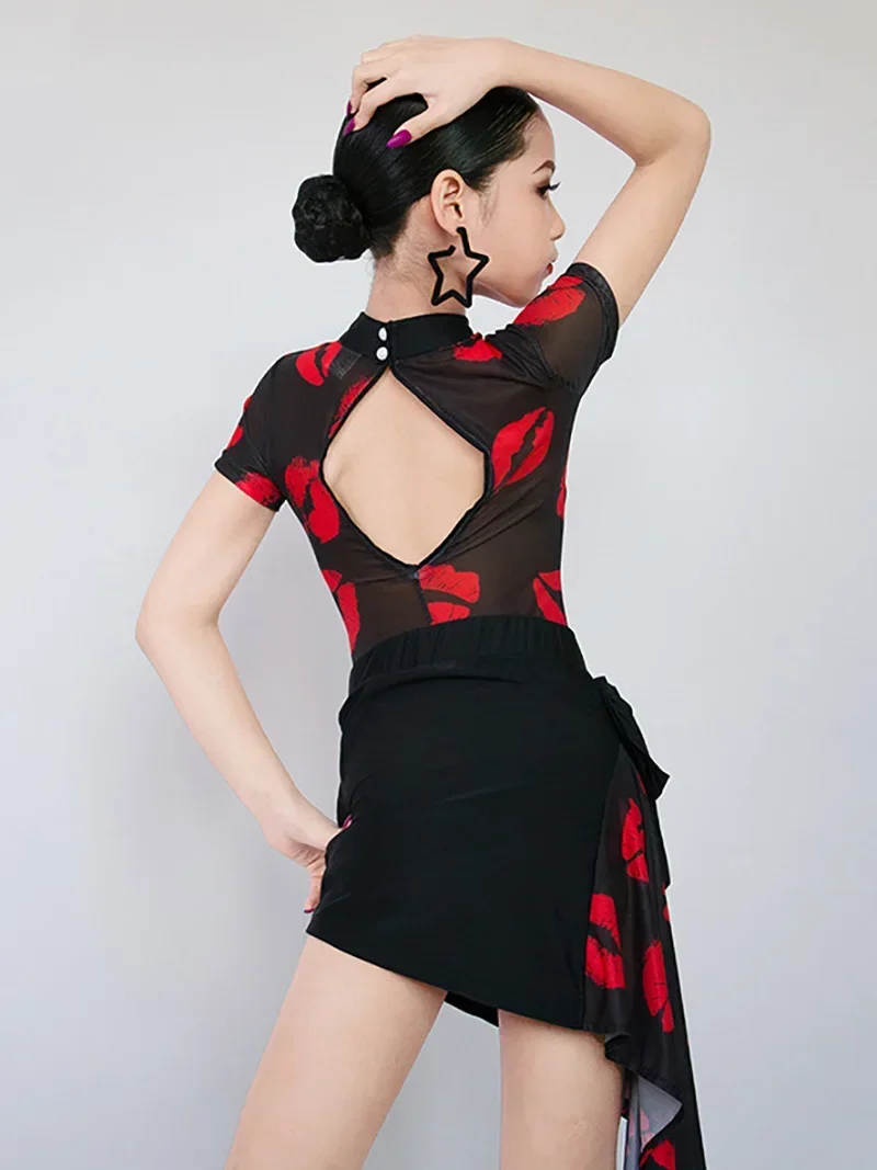 어린이 소녀 메쉬 스탠다드 프린트 백리스 라틴 댄스 의상 어린이 전문 탑 스커트 볼룸 룸바 트레이닝 댄스웨어