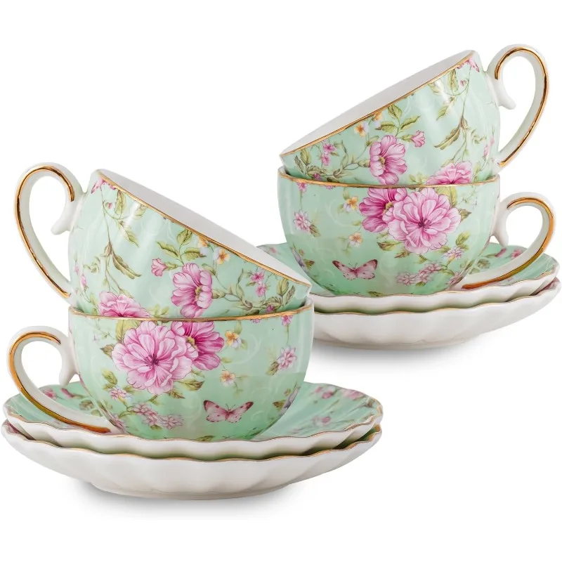 Tea Cup and Saucers, 6.4oz Floral Tea Cups with Gold Trim, Porcelain Bone China Teacup