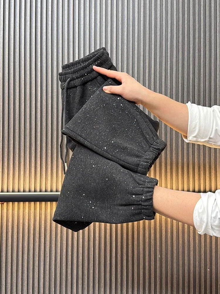 レッドフリース裏地スウェットパンツレディースファッションY2kファインフラッシュハイウエストハーランパンツ冬ルーズ厚く暖かいクロップドパンツ