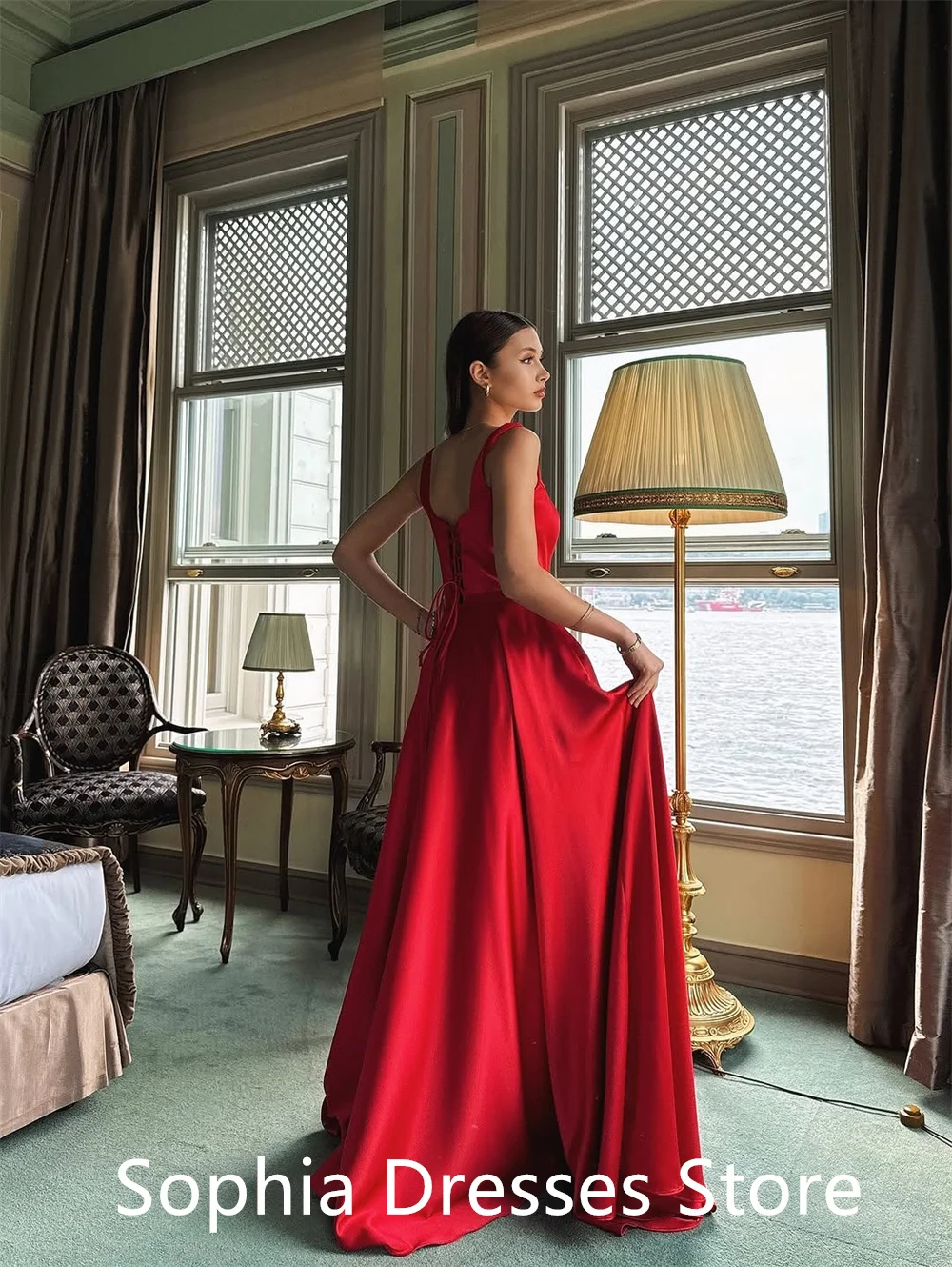 

Customized Temperament Red Satin Homecoming Dress Modern Square Collar Spaghetti Straps Ruched Lace Up Back Vestido De Noche