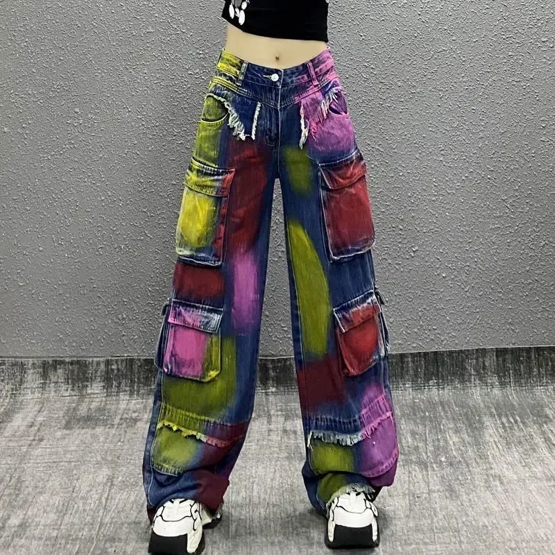 Women's Gradient Print Multiple Pockets Loose Straight Burrs Colorful Graffiti Cargo Jeans 2024 Autumn New Female