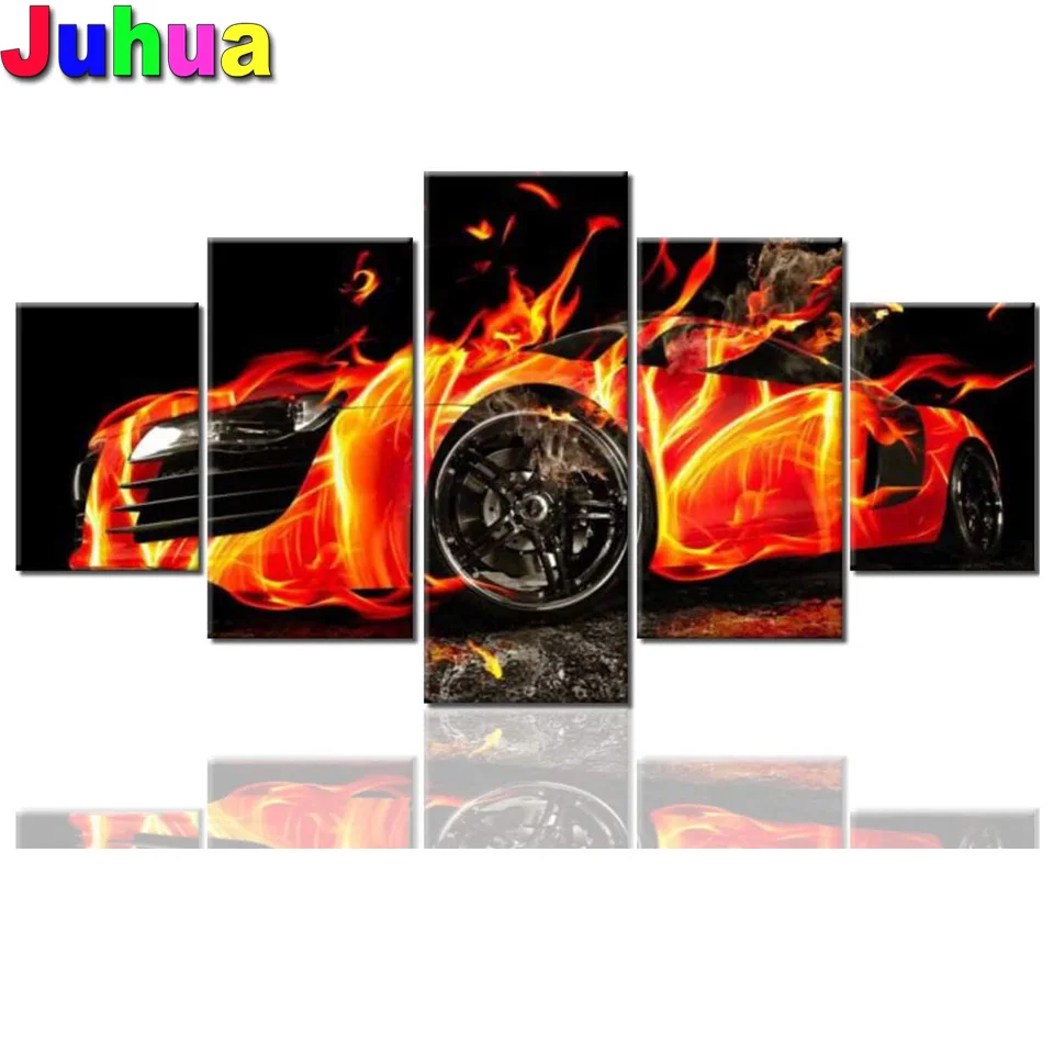 

5 Panel diamond painting full square Mosaic Puzzle Black Car Fire 5d diy diamond embroidery Sale Wall pictures,