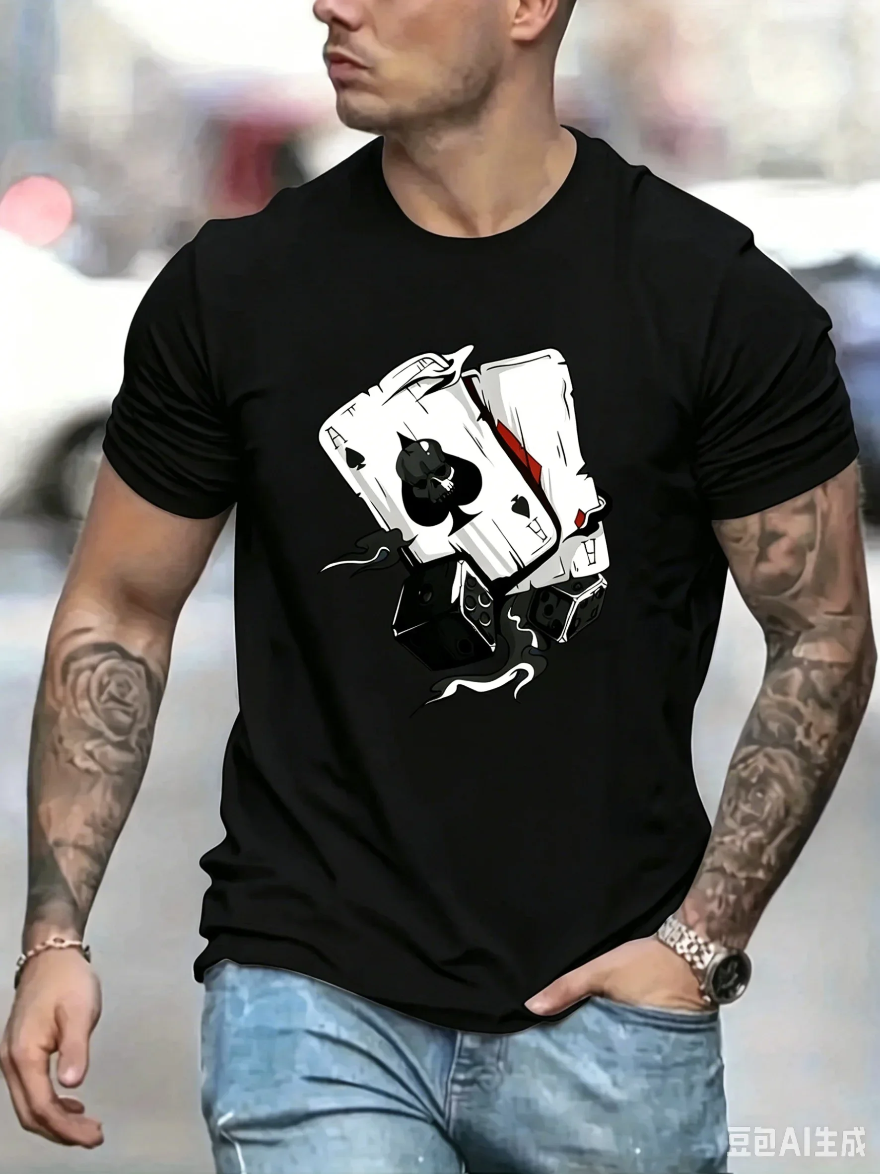 3D Skull Spade Ace Playing Cards Dice Smoke Graphic Men T-shirt Poker Gambling Street Hip Hop Crew Neck Short Sleeve Tops
