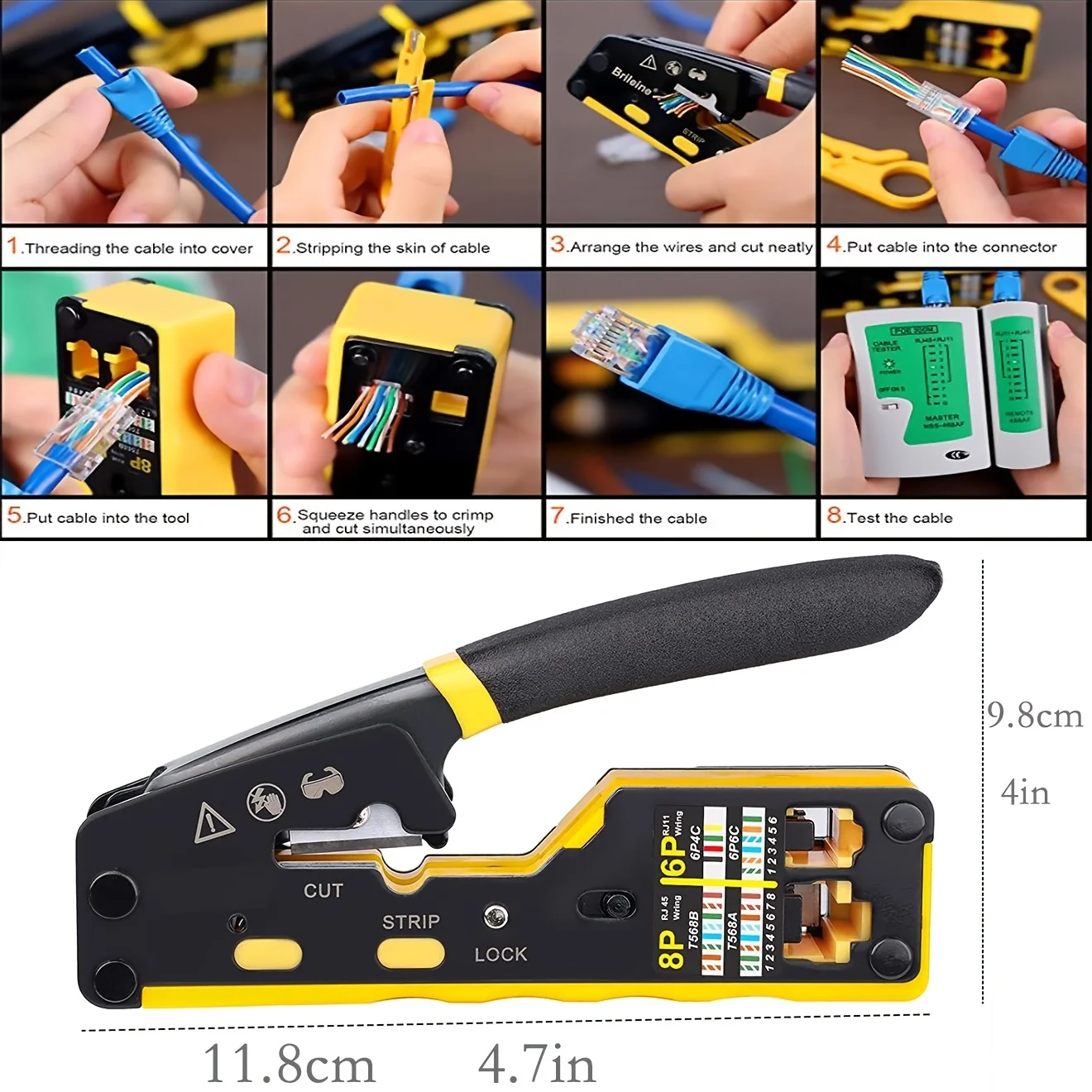 Ratcheting Modular Data Cable Crimper / Wire Stripper / Wire Cutter for RJ11/RJ12 Standard, RJ45 Pass-Thru Connectors