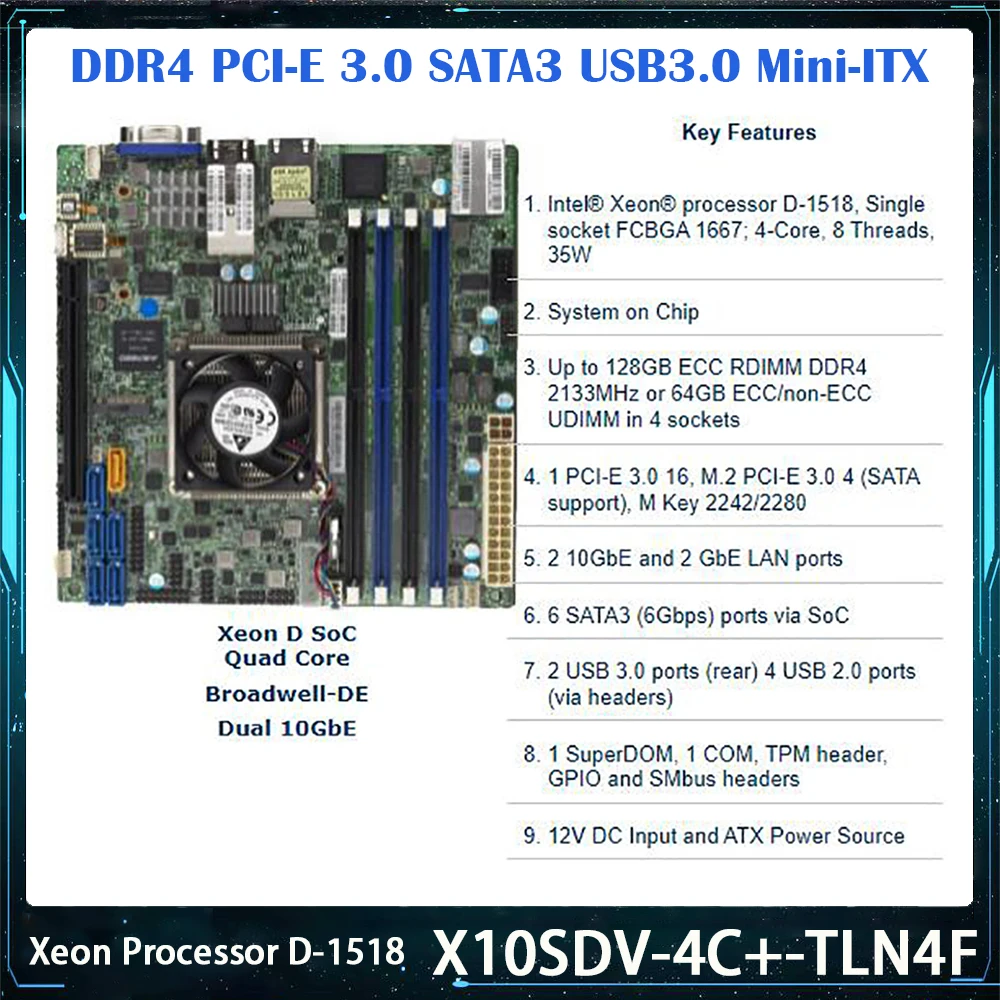 New X10SDV-4C+-TLN4F Motherboard For Supermicro Xeon Processor D-1518 DDR4 PCI-E 3.0 SATA3 USB3.0 Mini-ITX