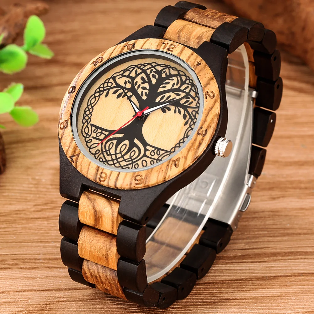 Ebony Zebrawood Men's Quartz Wristwatch Red Seconds Life Tree Pattern Dial Full Wooden Bangle Male Watch