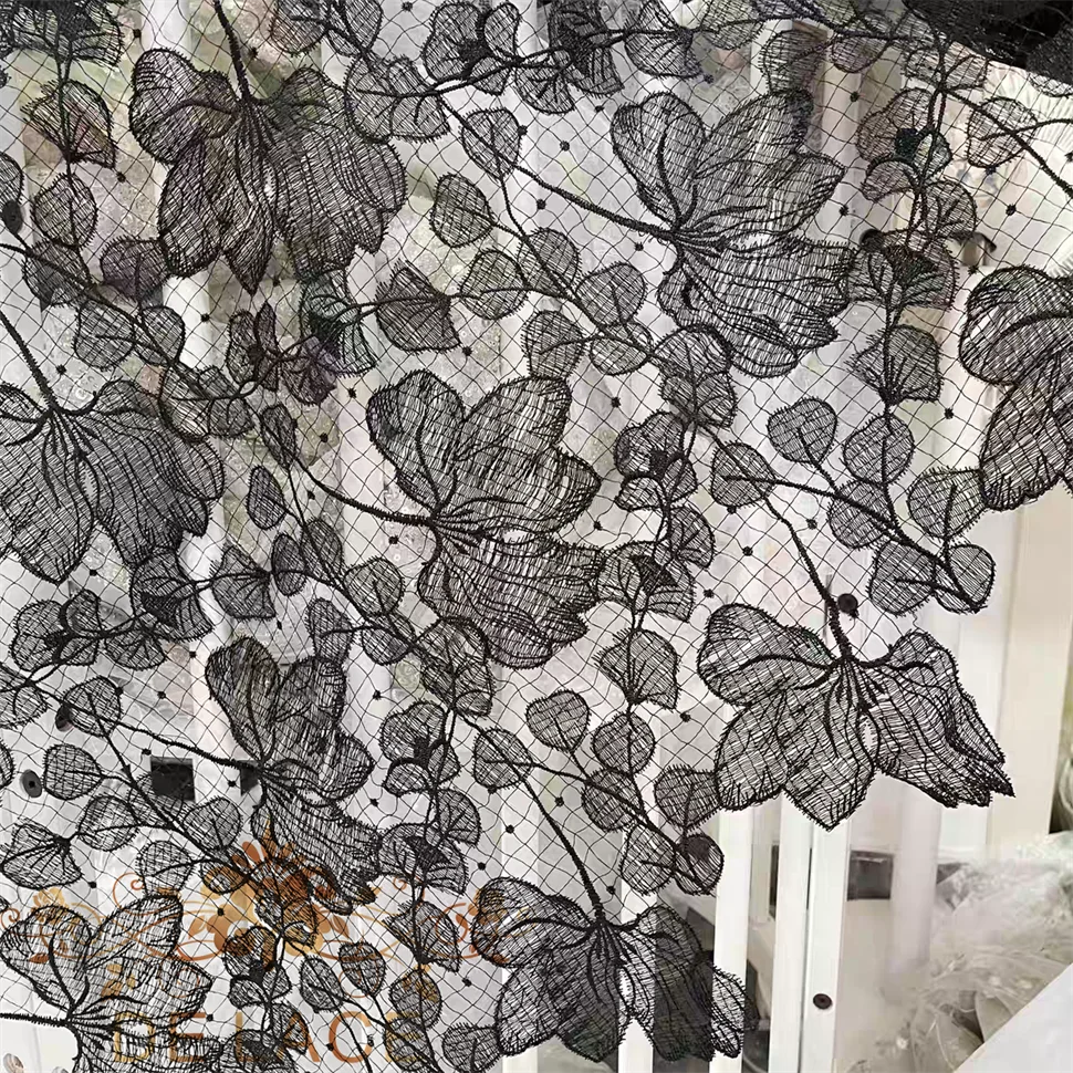 

SXGN Delicate Black & Ivory Flower Lace Sequins Fabric Soft and Comfortable Wedding Dress Lace Fabric