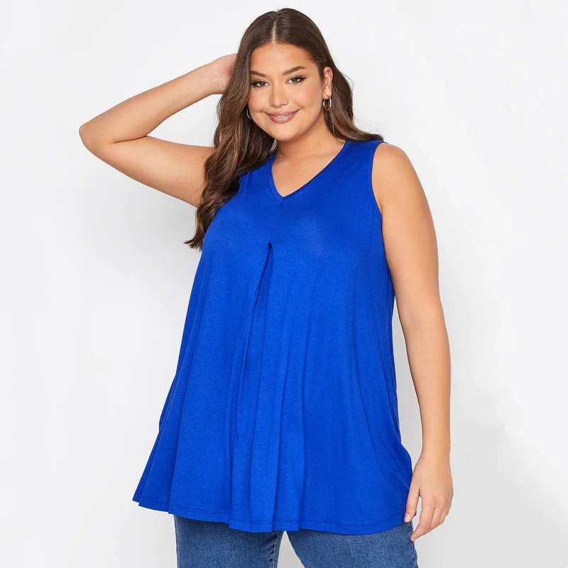 Top sem mangas com decote em v, plus size, elegante, colete longline, casual, sem mangas, túnica swing, tanque, plissado, blusa flare, 8XL, verão